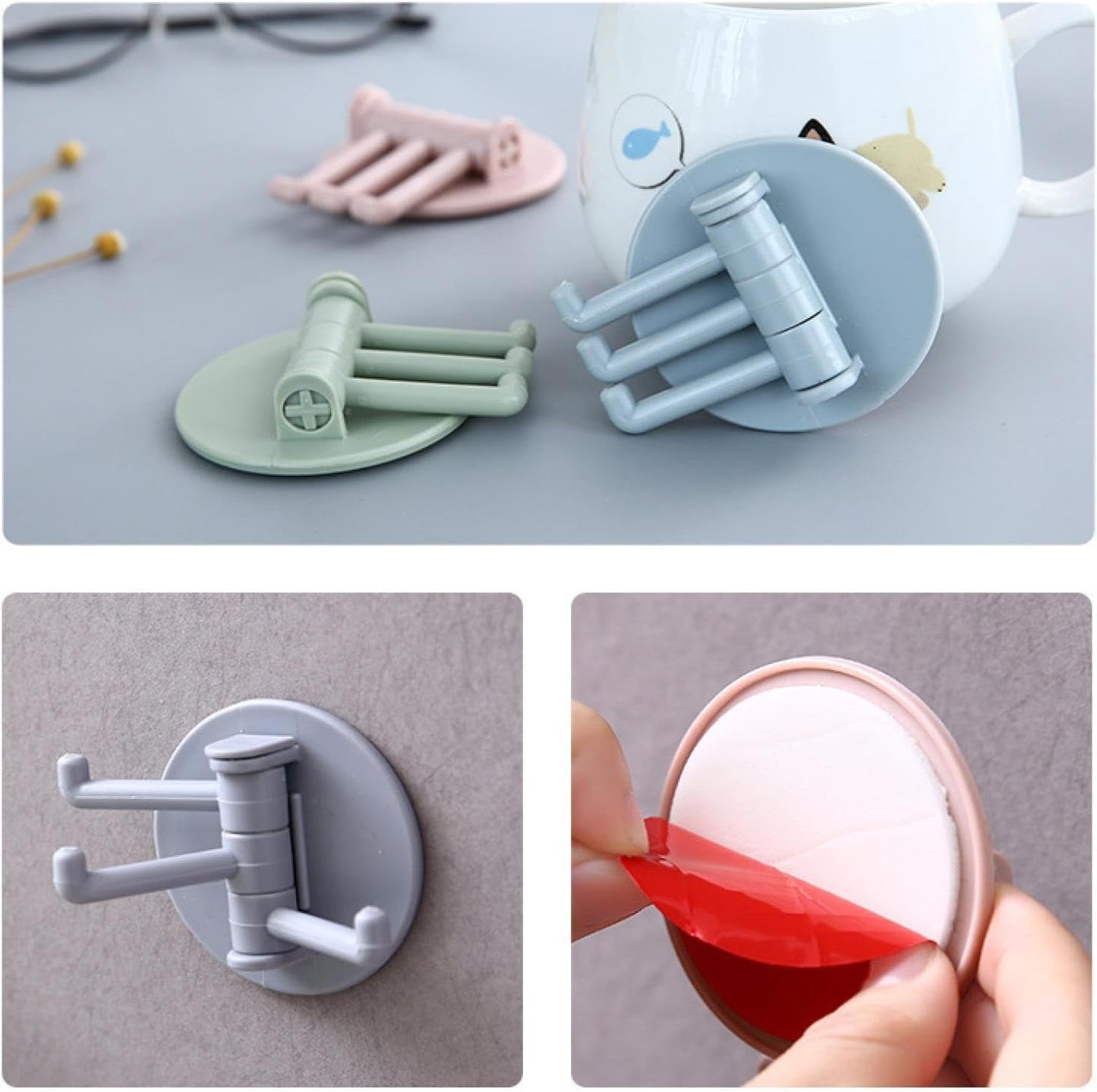 Rotating sticky wall hook in green and gray colors for hanging items securely on walls