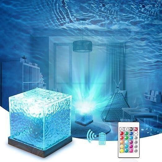 Colorful rotating water ripple night light projected in a serene living room setting
