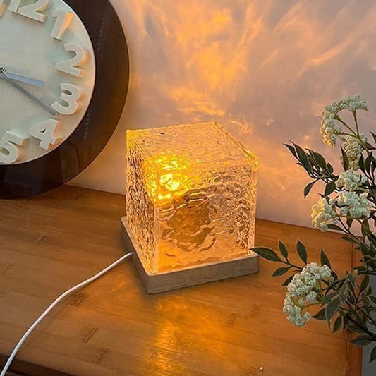 Rotating water ripple night light with warm glow creating calming ambiance for bedrooms and living spaces