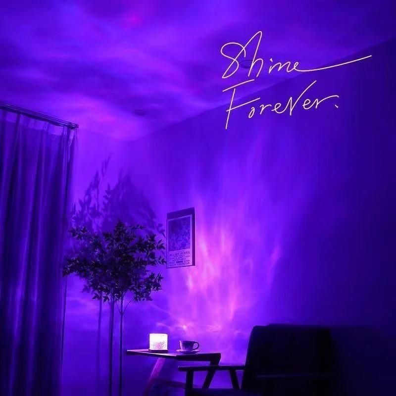 Rotating water ripple night light projecting colorful waves on a wall, creating a calming ambiance.