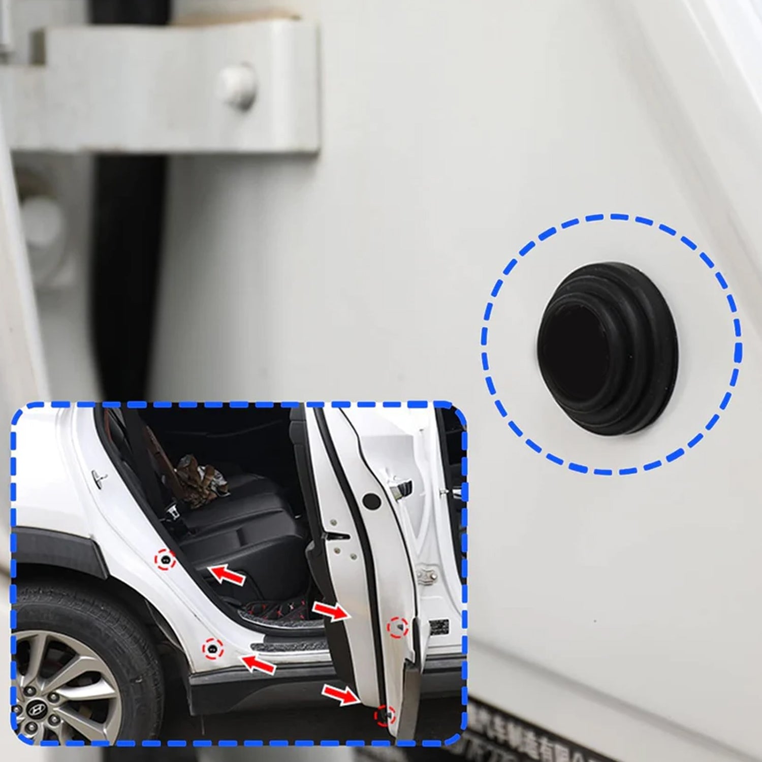 Rubber car door shock absorber installed on a vehicle for noise reduction and protection