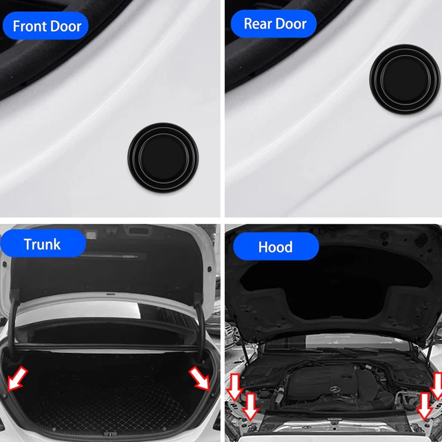 Rubber car door shock absorber for front, rear, trunk, and hood for enhanced car door protection
