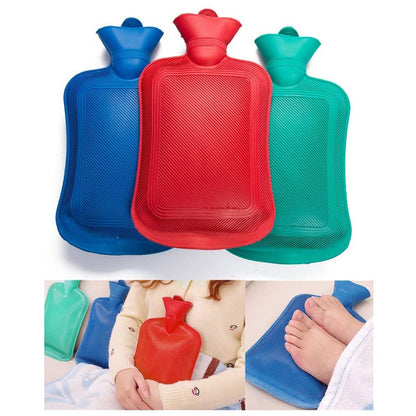 Three colorful rubber hot water bags for pain relief, ideal for soothing aches and providing warmth