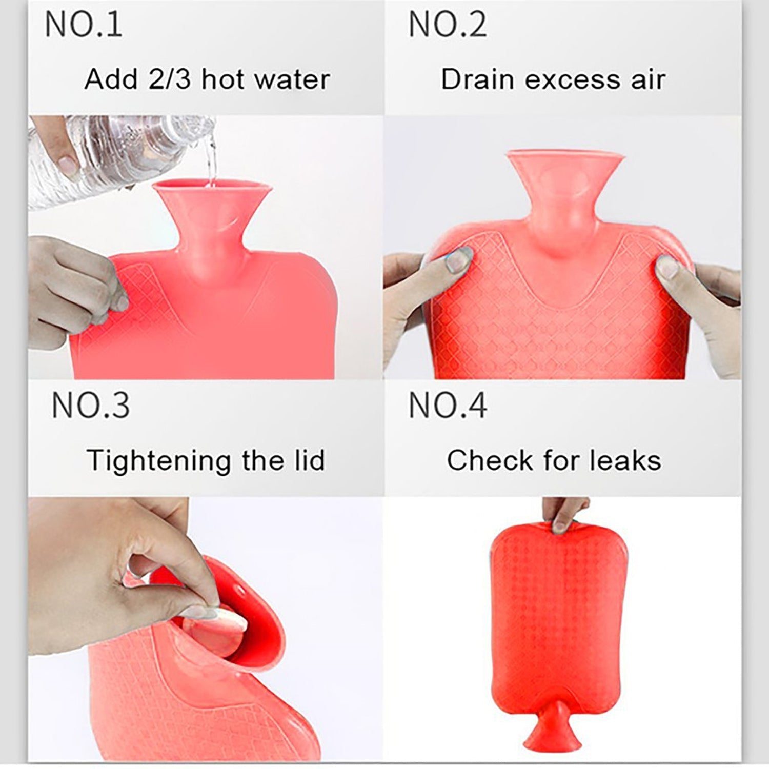 Instructions for using a rubber hot water bag for pain relief with steps for filling and checking for leaks