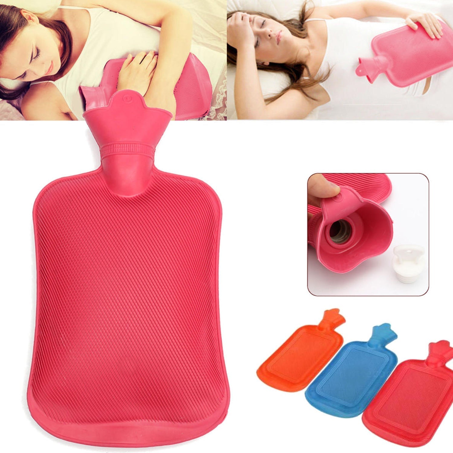 Rubber hot water bag for pain relief in pink, ideal for soothing aches and discomfort