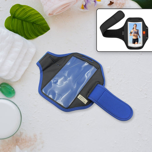 running armband phone holder in blue with transparent pocket for easy access during workouts
