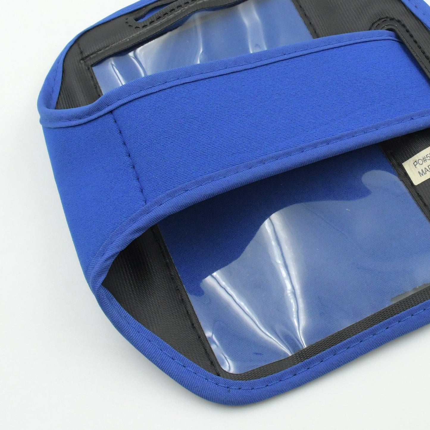 Blue running armband phone holder with transparent pocket for secure phone storage while exercising