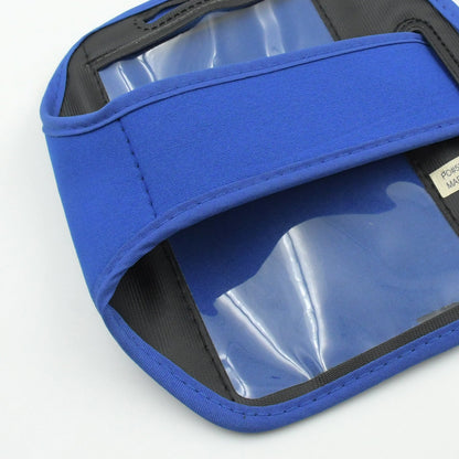 Blue running armband phone holder with transparent pocket for secure phone storage while exercising