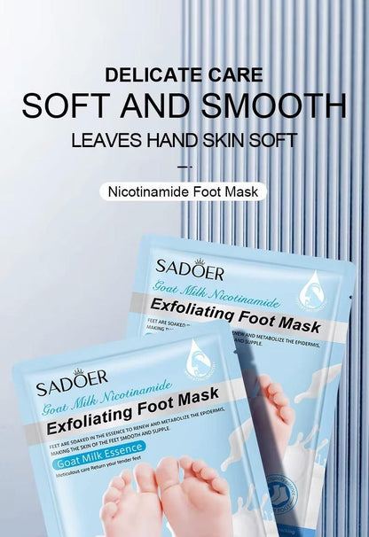 Sadoer goat milk foot mask exfoliating foot mask packaging with soft smooth skin benefits