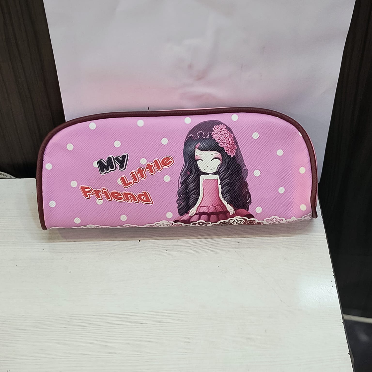 Pink school pencil case for children with cartoon girl and My Little Friend text