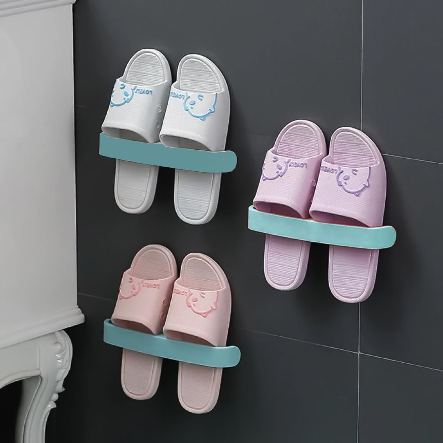 Self adhesive bathroom towel rack with two colorful shelves for organizing towels and slippers