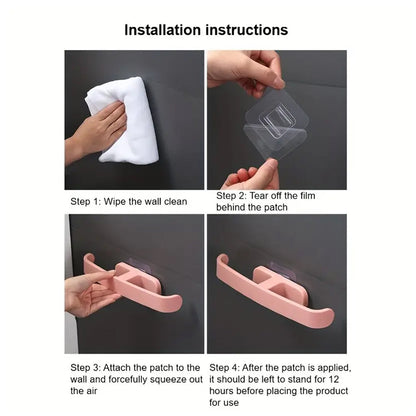 Installation instructions for a self adhesive bathroom towel rack with step-by-step visuals