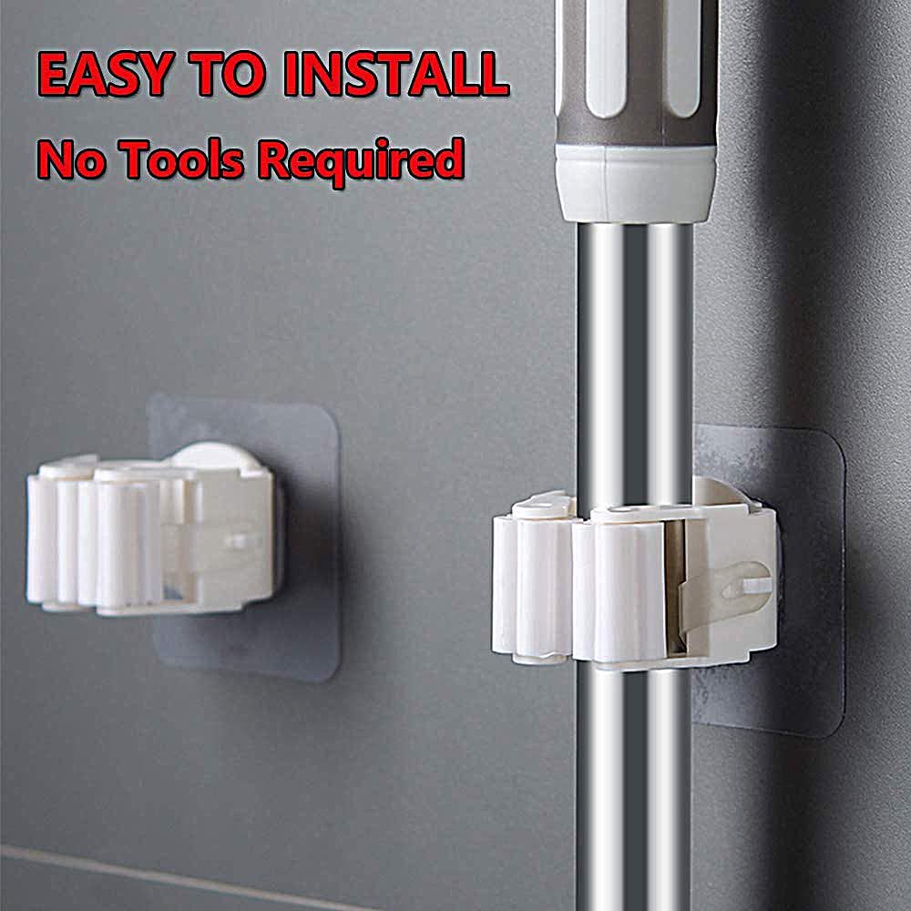 Self adhesive mop holder designed for easy installation without tools on any surface
