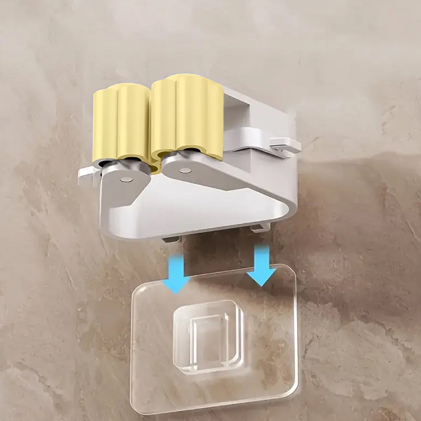 Self adhesive mop holder for easy wall mounting and storage in home improvement projects
