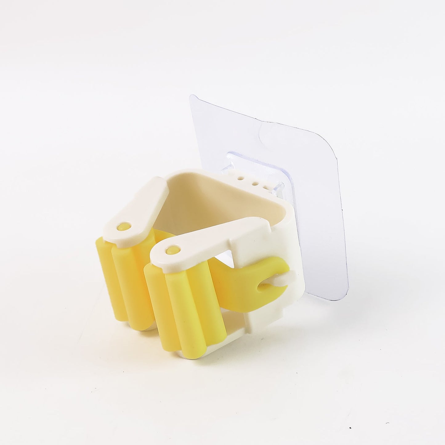 Self adhesive mop holder in white and yellow design, perfect for organizing cleaning tools efficiently