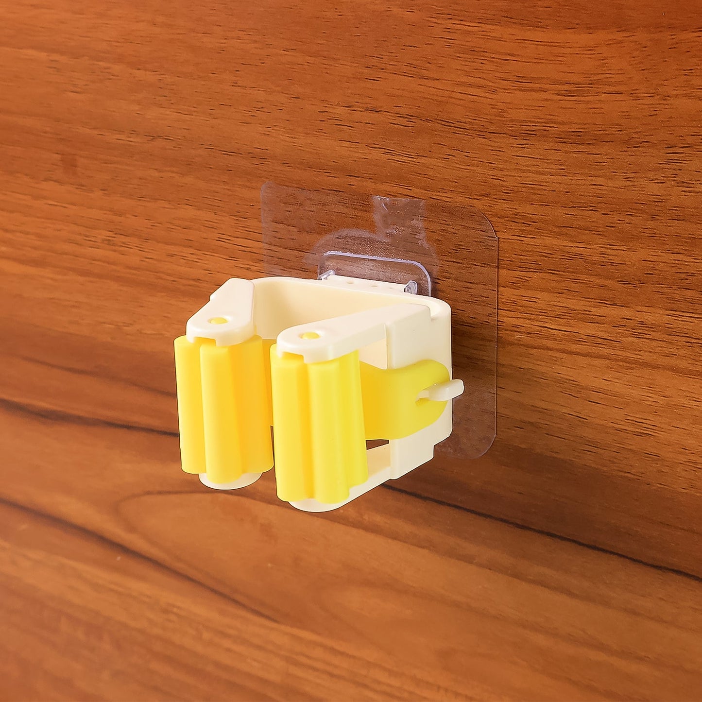 Your Brand self adhesive mop holder mounted on wood for convenient cleaning storage