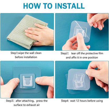 Instructions for installing a self adhesive transparent wall hook on a clean surface