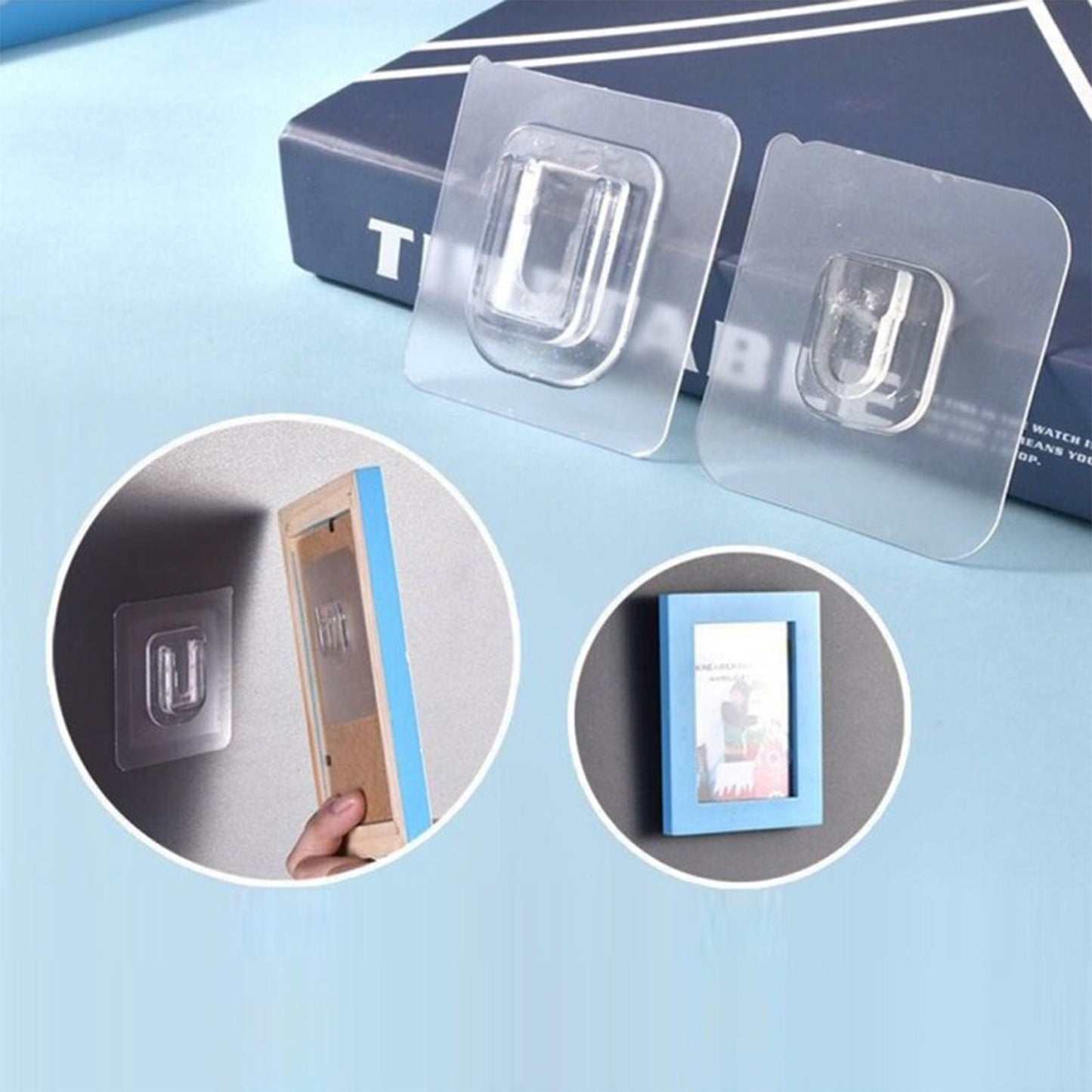 Self adhesive transparent wall hook for easy hanging of frames and decor without damage