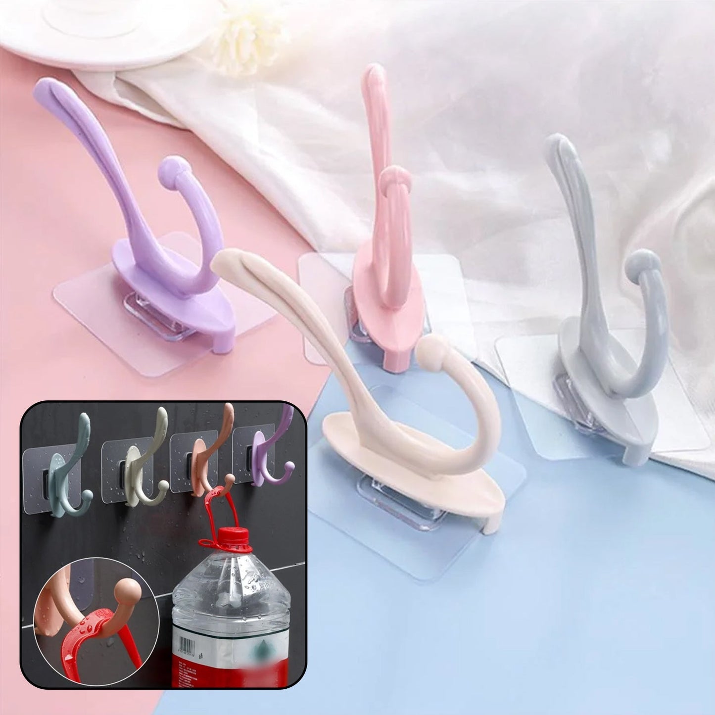Colorful self adhesive wall hooks in purple, pink, gray, and beige for organizing and storage