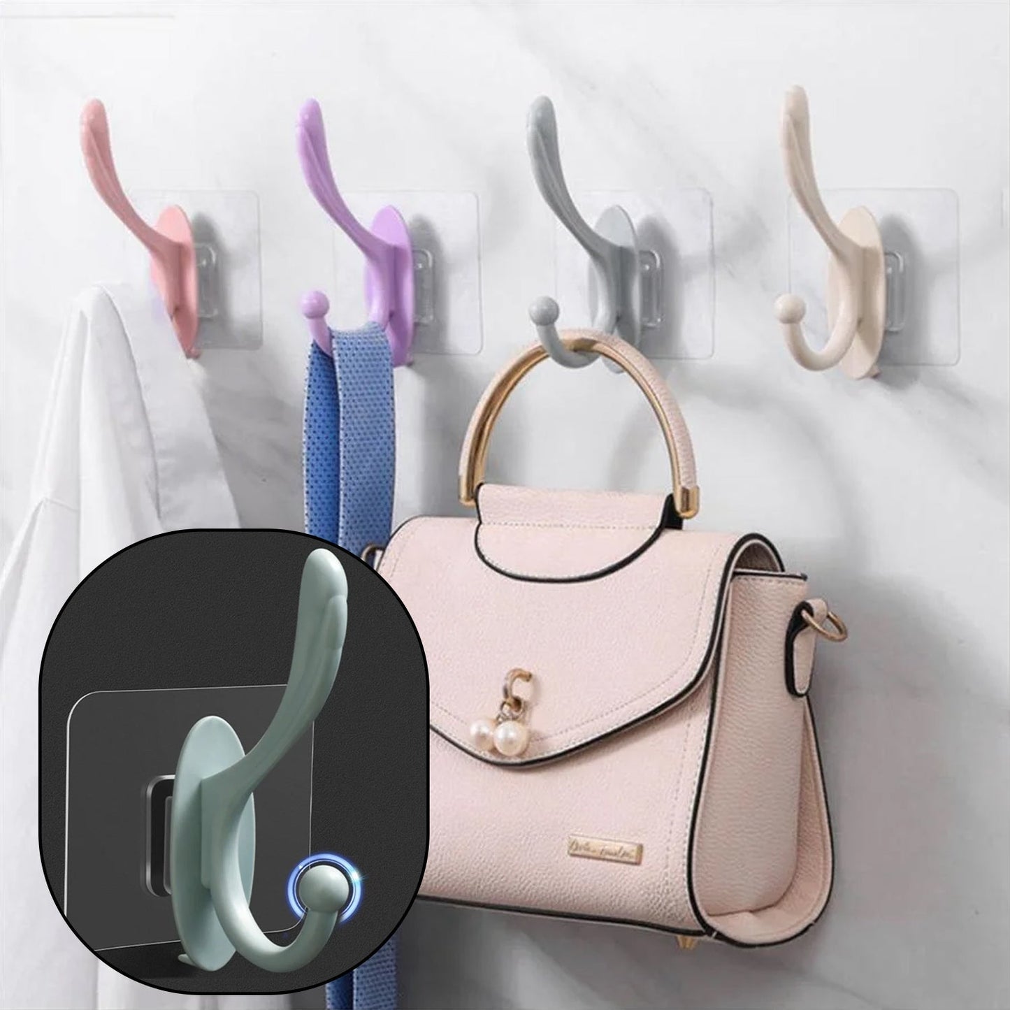 Self adhesive wall hooks in various colors holding a handbag and accessories for convenient storage