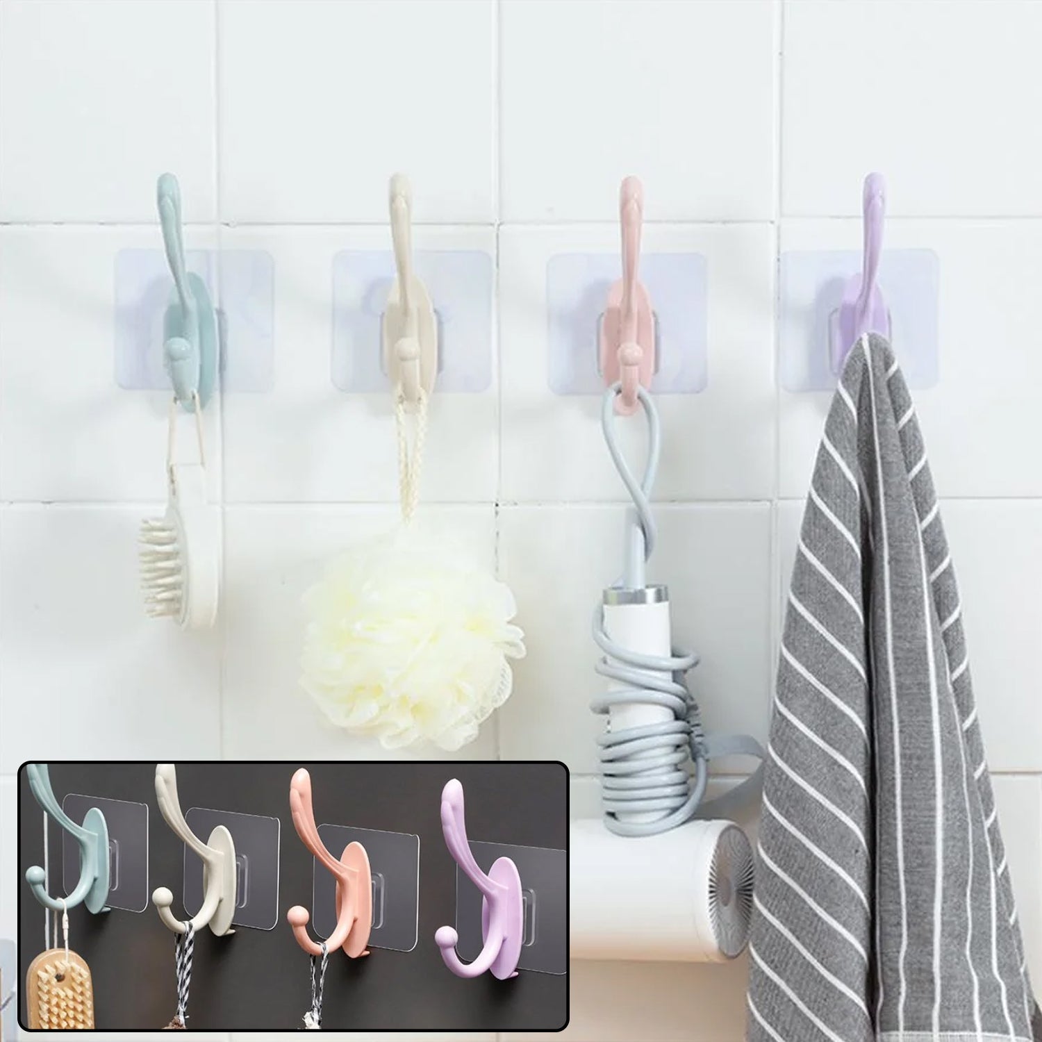 Colorful self adhesive wall hooks in pastel shades for easy home organization and decoration