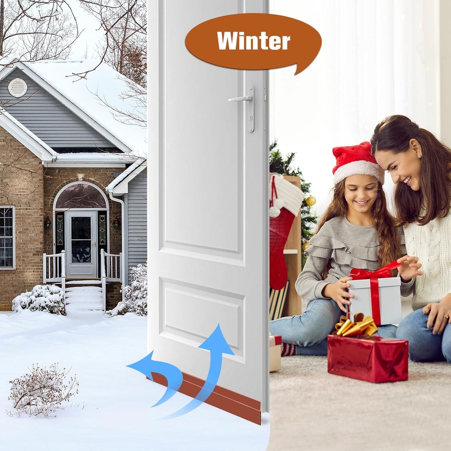 Self-adhesive wood floor transition strip installed under door to prevent cold winter air from entering home