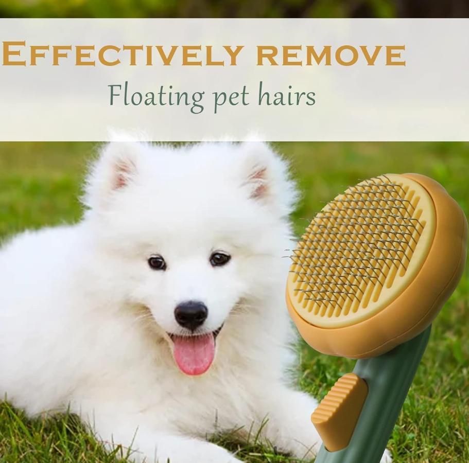THE GIR FARMER self cleaning pet comb with yellow bristles next to a fluffy white dog on grass