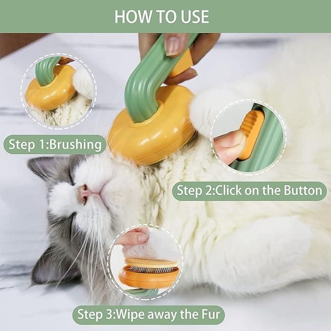HOW TO USE THE GIR FARMER self cleaning pet comb brushing a relaxed white and gray cat with instructions