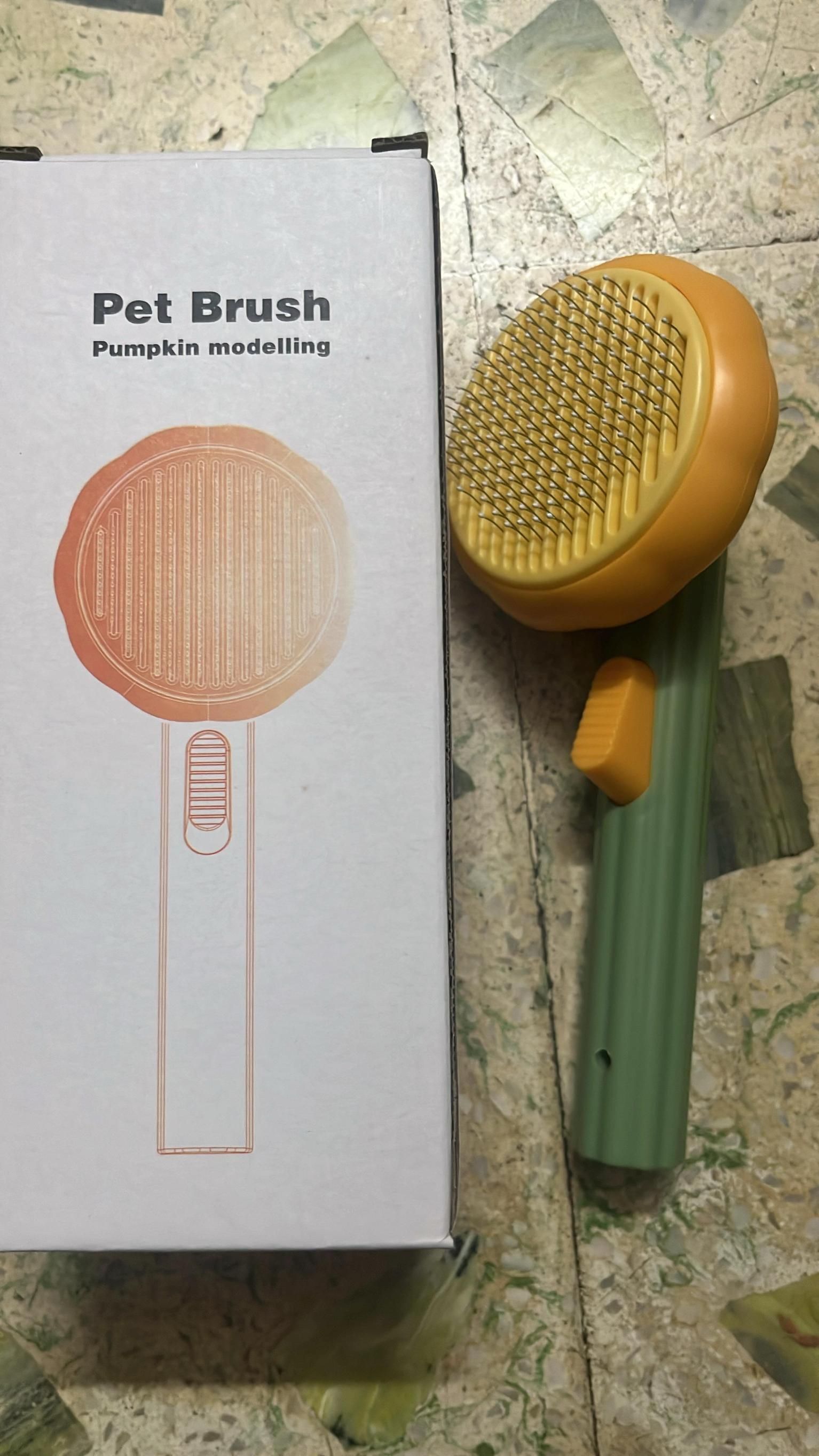 THE GIR FARMER self cleaning pet comb with pumpkin modeling design and green handle next to white product box