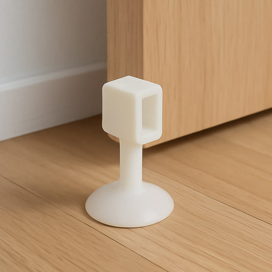 Self-sucking silicone door stopper in white, designed to hold doors open securely and prevent slamming