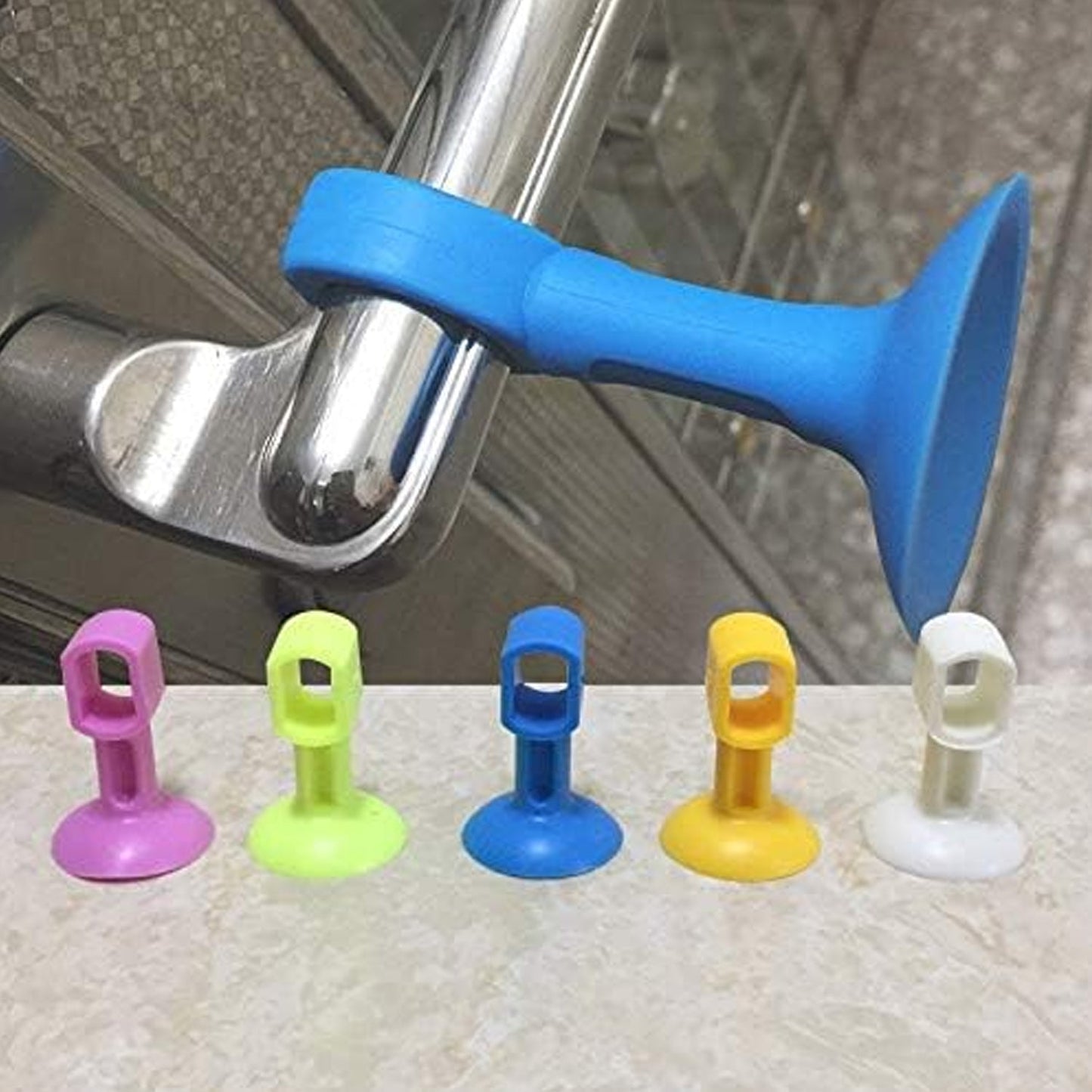 Self-sucking silicone door stopper set in various colors for secure door placement