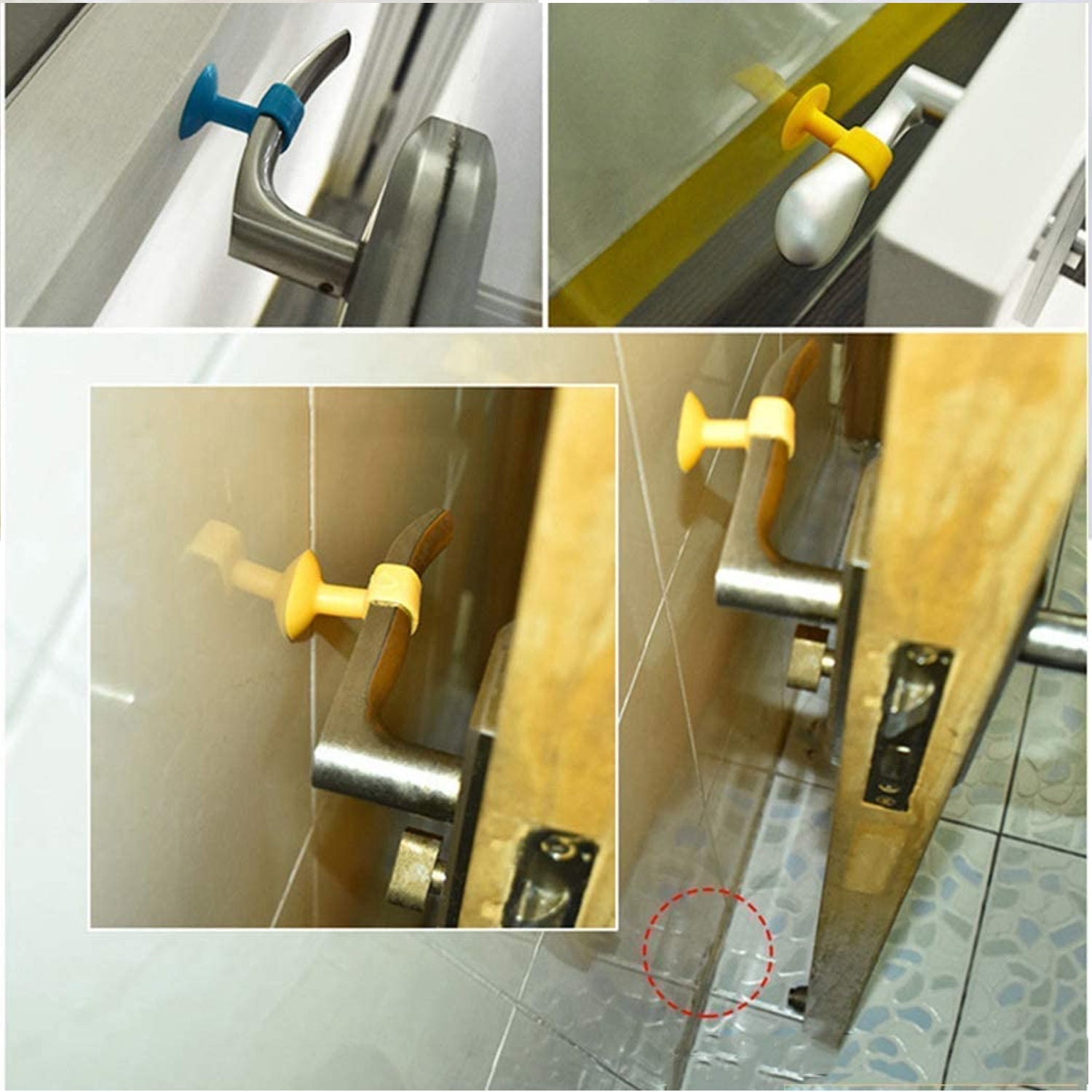 Self-sucking silicone door stopper in various colors demonstrating its door-holding capability