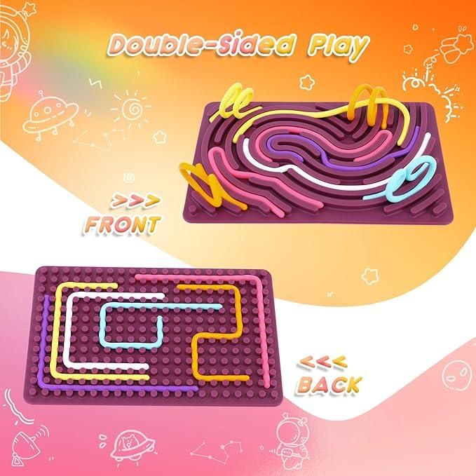 Double-sided sensory development board for kids with colorful maze and peg design for interactive play