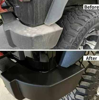 Before and after comparison of tire polishing paste pack of 2 applied to a truck's bumper and tires