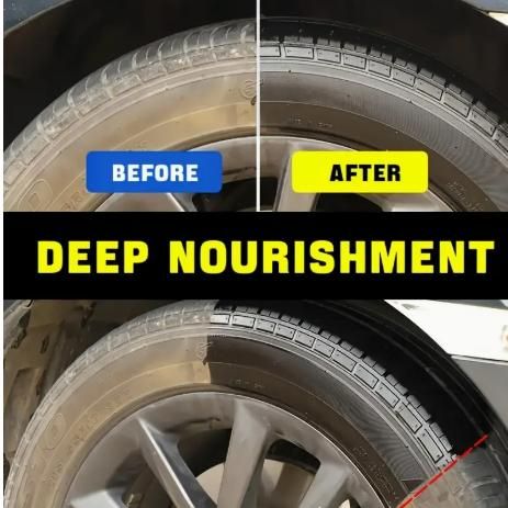 Before and after images showing tire polishing paste pack of 2 for deep nourishment of tires