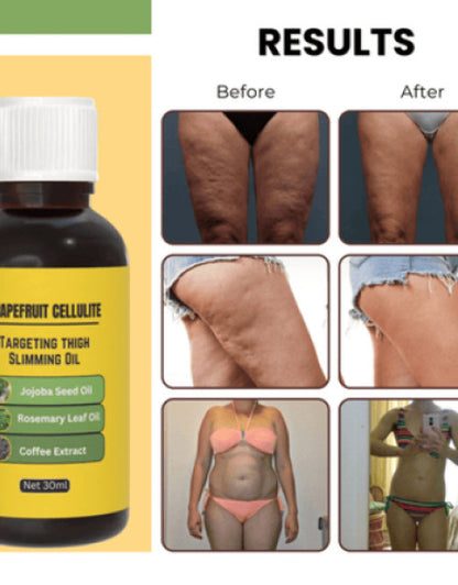 The Gir Farmer grapefruit cellulite treatment oil pack with before and after results on thighs and body showing reduced cellulite