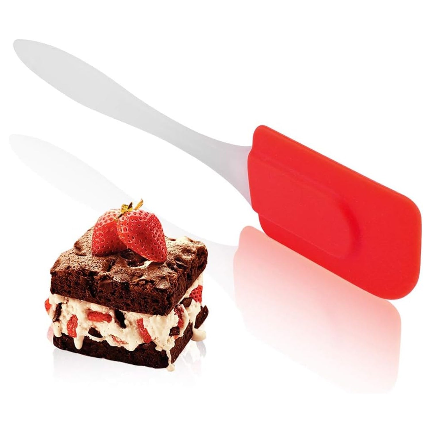 Your Brand Silicone Baking Spatula in Red with a Brownie and Strawberry Dessert