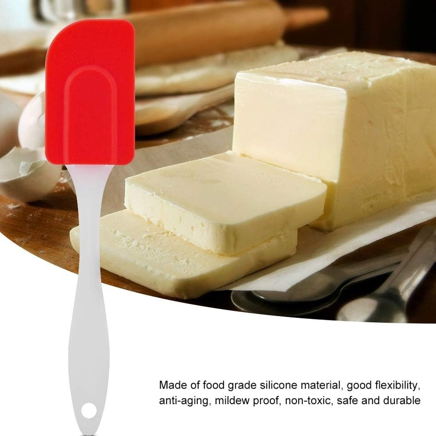 Your Brand red silicone baking spatula ideal for mixing and spreading in the kitchen