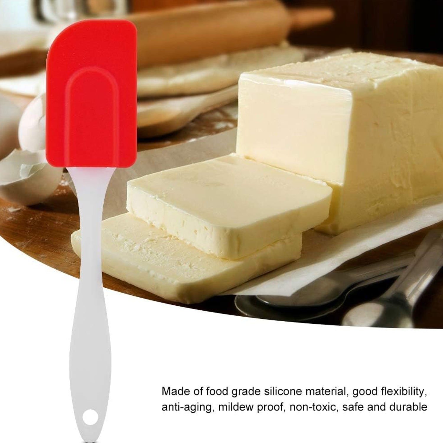Your Brand red silicone baking spatula ideal for mixing and spreading in the kitchen