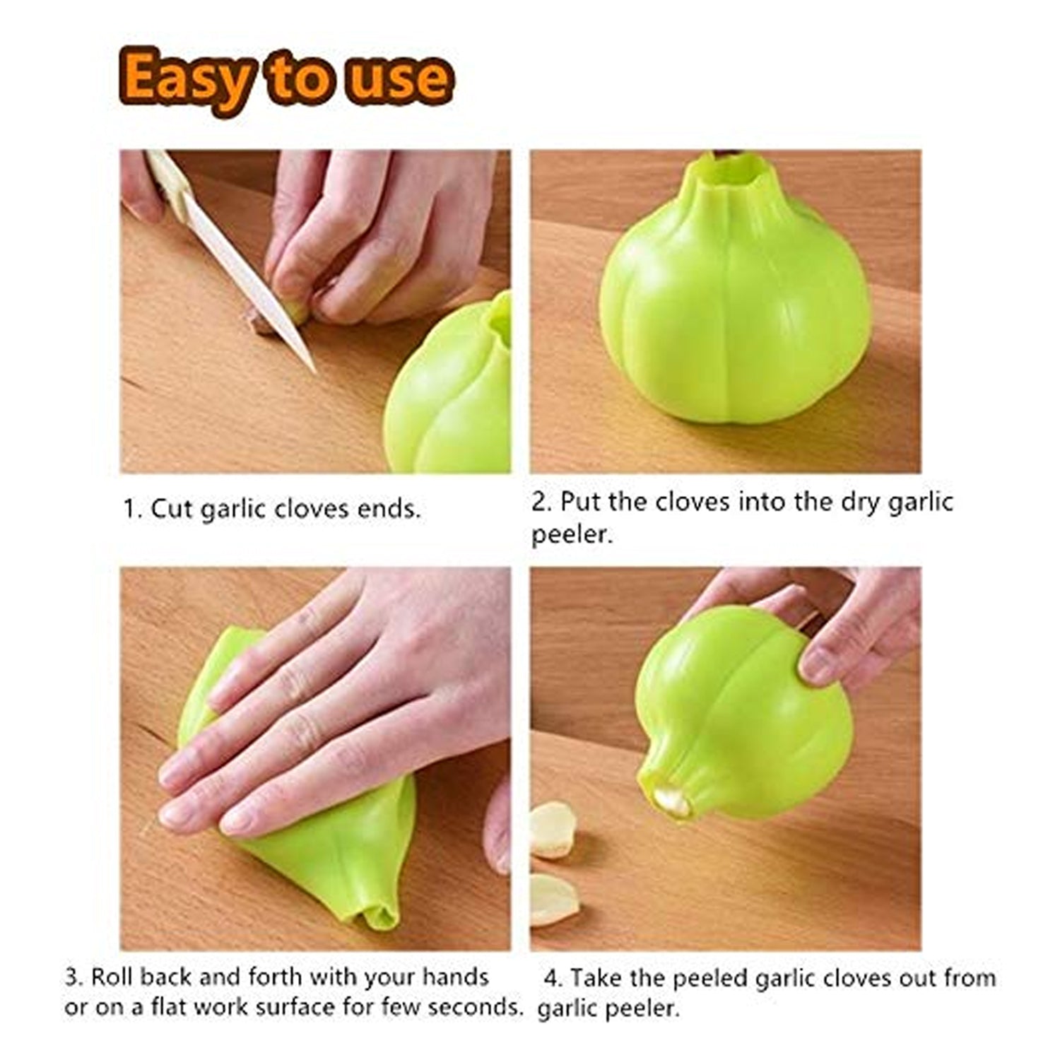 Silicone garlic peeler demonstrating easy use with step-by-step instructions for peeling garlic cloves