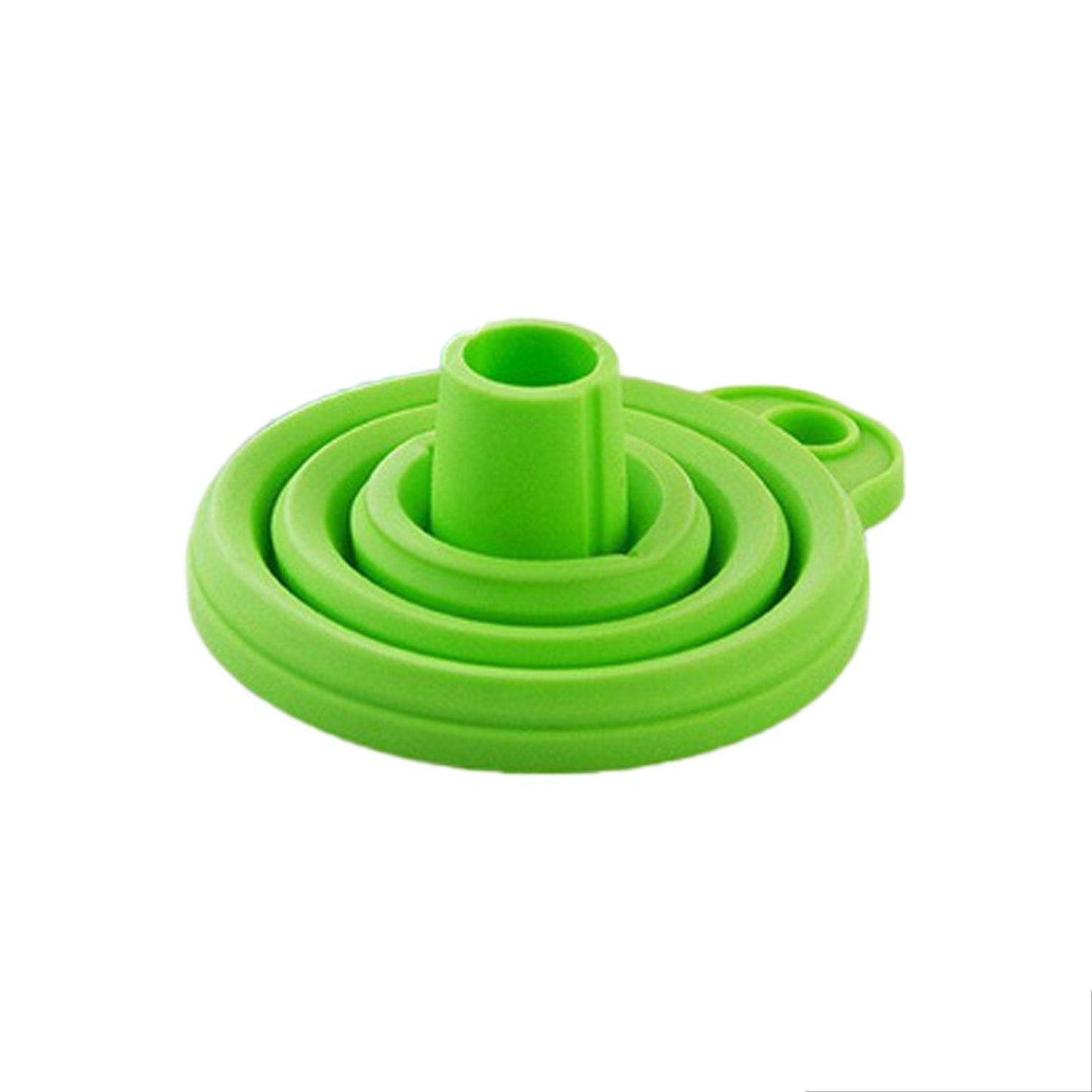 Green silicone kitchen funnel with a nesting design for easy storage and pouring