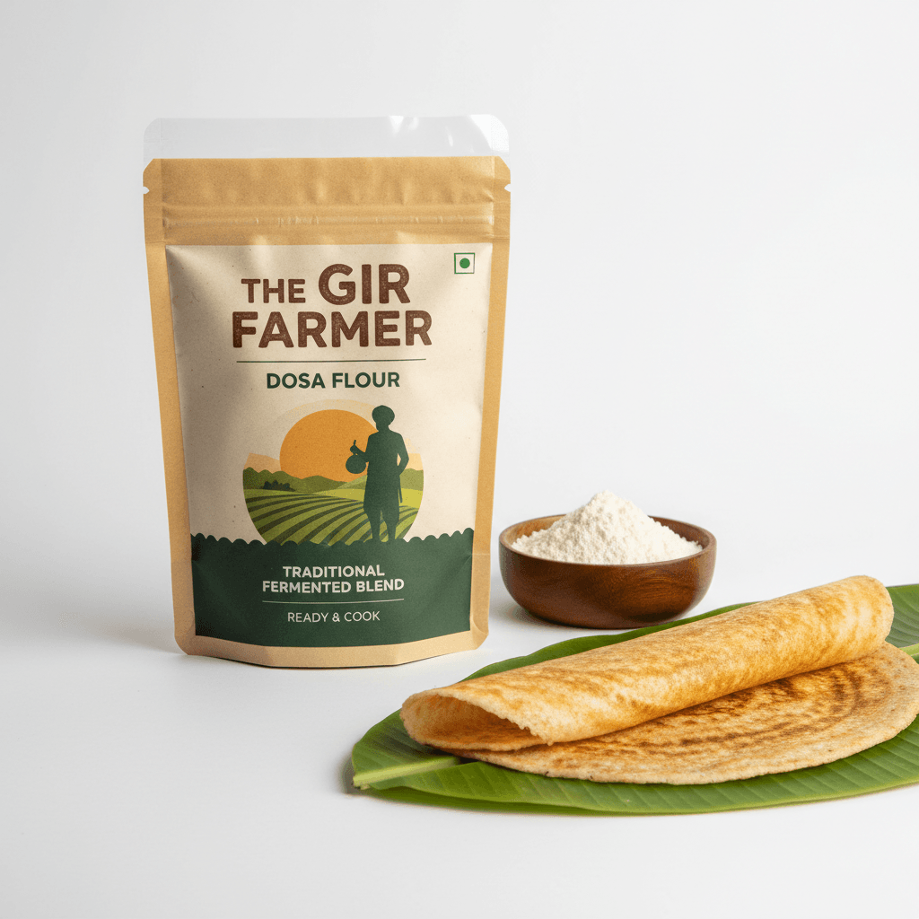 The Gir Farmer Dosa Flour in eco-friendly packaging for making delicious dosa at home, perfect for simply south indian vegetarian restaurant