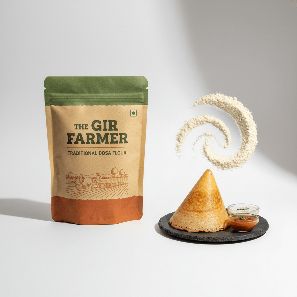 The Gir Farmer Traditional Dosa Flour with a crispy dosa served on a plate, ideal for a simply south indian vegetarian restaurant