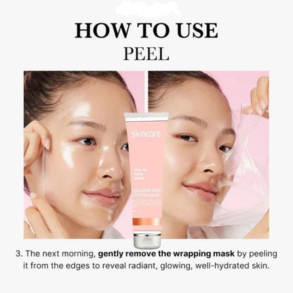 Collagen night peel off mask instructions showing application and removal for glowing skin