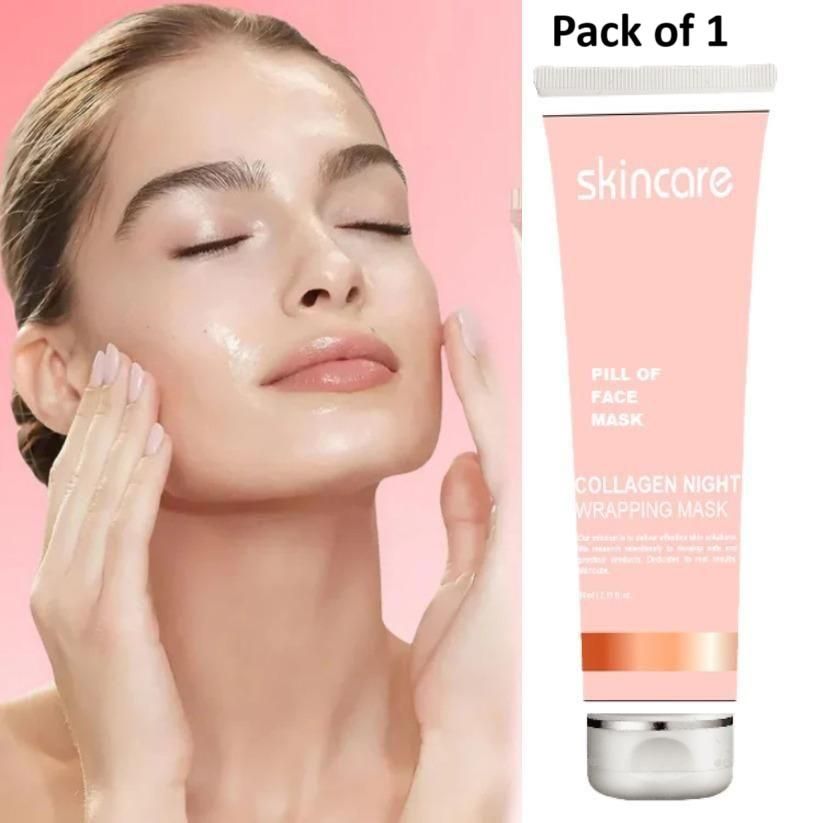 Model applying collagen night peel off mask for glowing skin with skincare product tube beside her