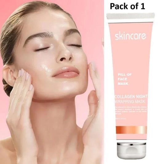 Model applying collagen night peel off mask for glowing skin with skincare product tube beside her
