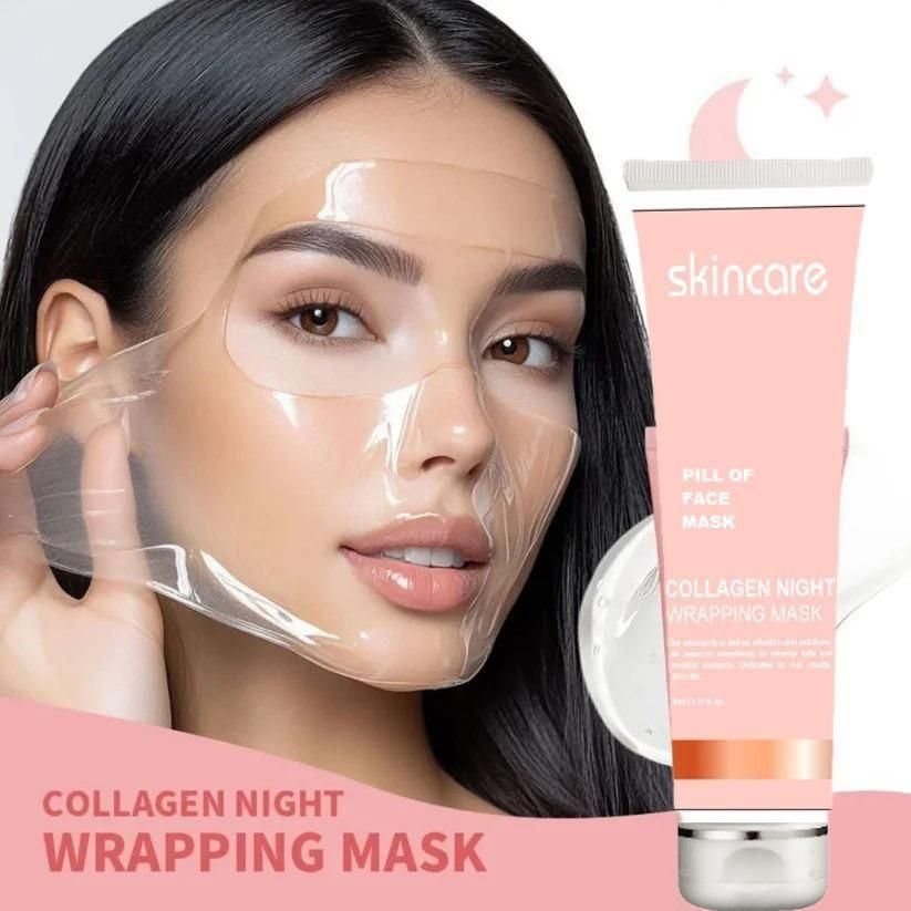 Model applying collagen night peel off mask for radiant and youthful skin with skincare tube in background