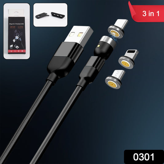 3 in 1 Magnetic USB Charging Cable | USB-c Android and Lightning with Extra Protecting Nylon| Strong Magnetic Cable with Full Rotation Support Fast Charging Your Brand