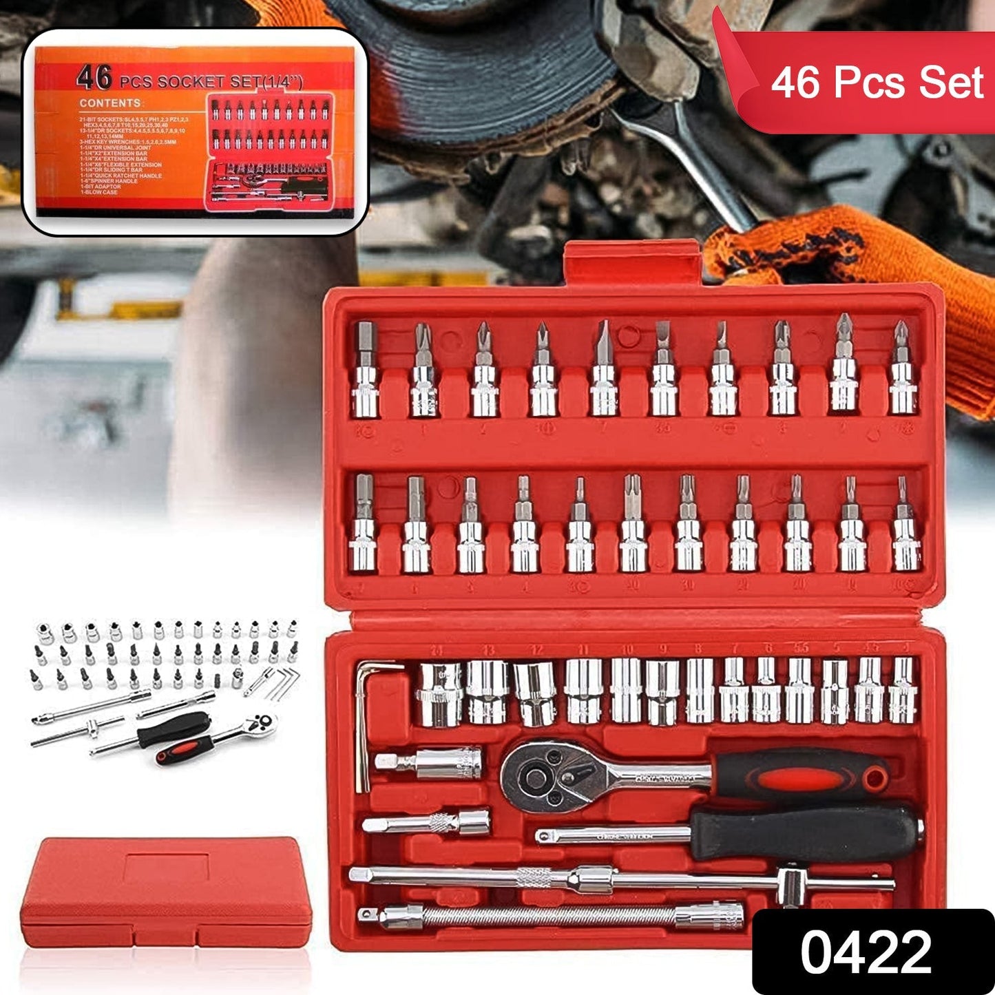 Socket 1 / 4 Inch Combination Repair Tool Kit (Red, 46 pcs) Your Brand