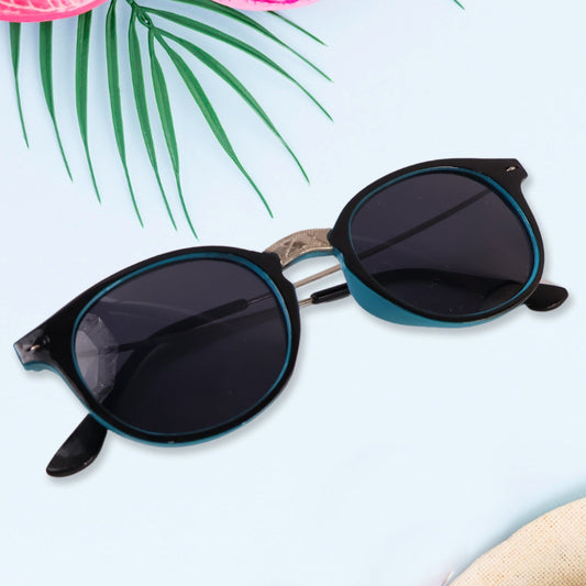 Stylish sky blue UV protected sunglasses with sleek black frames for outdoor fashion